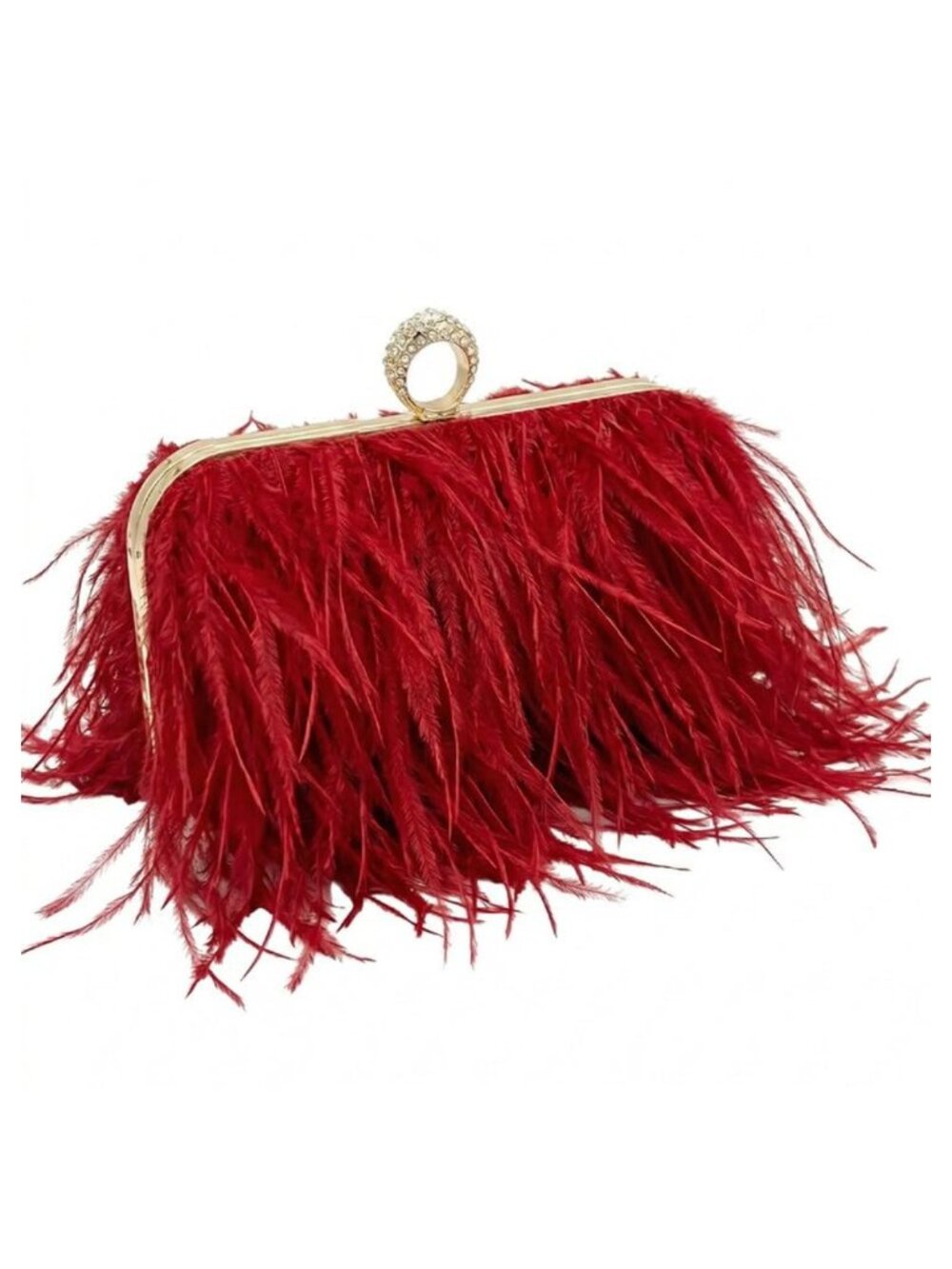 Ostrich Feather Velvet Clutch Evening Bag Crystal Push Lock Crossbody Purse